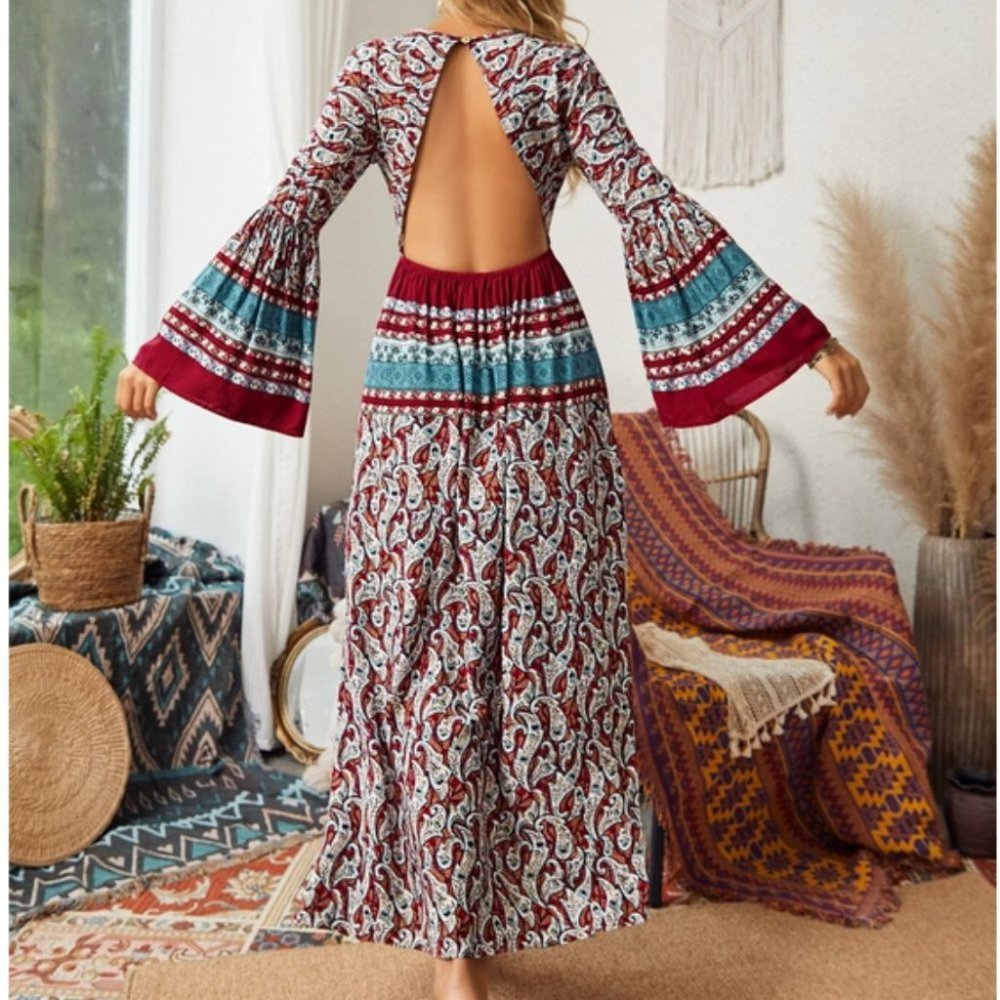 Western Boho Paisley Flounce Sleeve Backless Maxi Dress - Picture 7 of 8